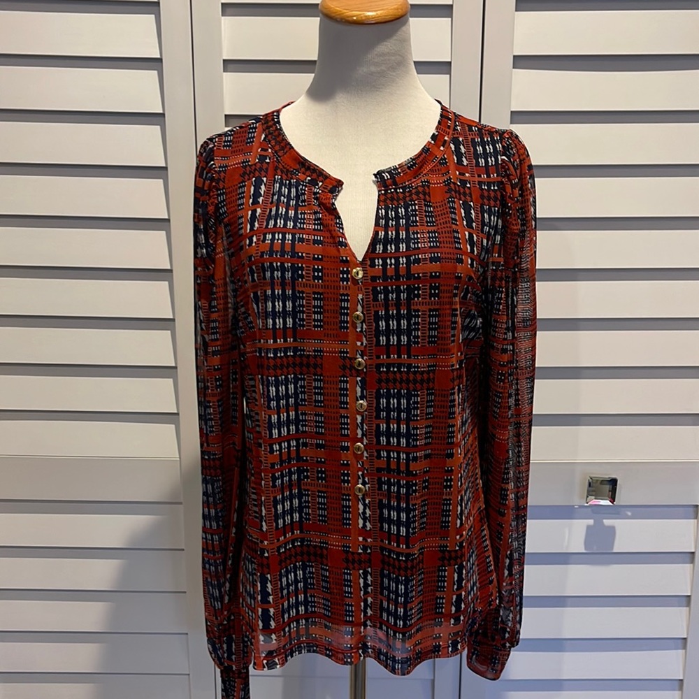 Bydesign long sleeve Top in EUC lines with gold buttons